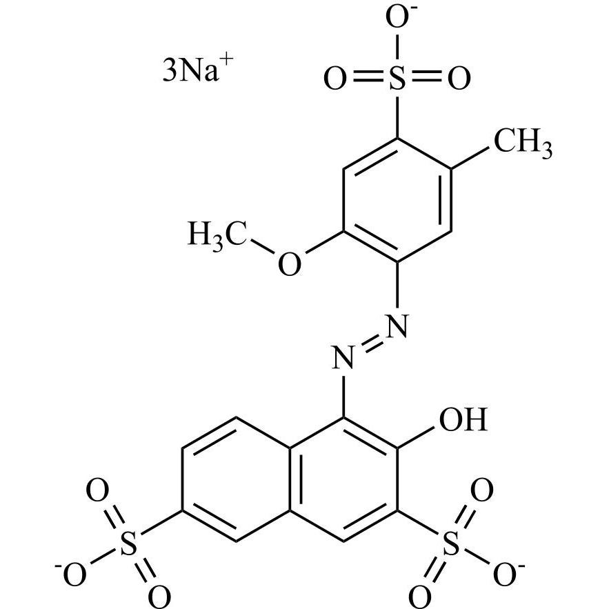 Picture of 3-Hydroxy-4-((2-methoxy-5-methyl-4-sulfonatophenyl)diazenyl)naphthalene-2,7-disulfonate Sodium
